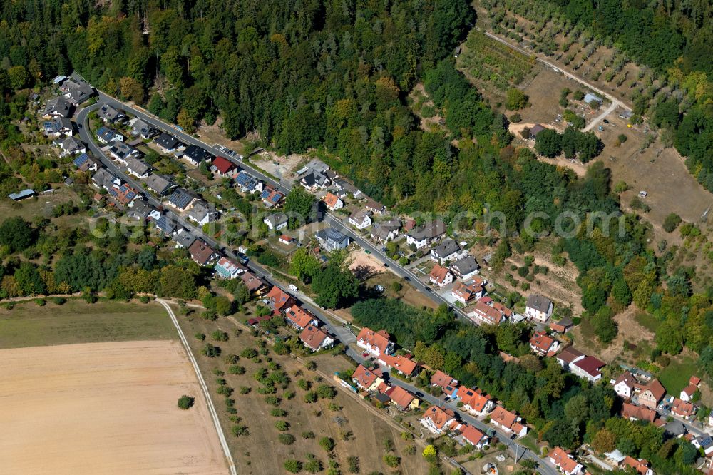 Aerial photograph Rodenbach - Agricultural land and field boundaries surround the settlement area of the village in Rodenbach in the state Bavaria, Germany