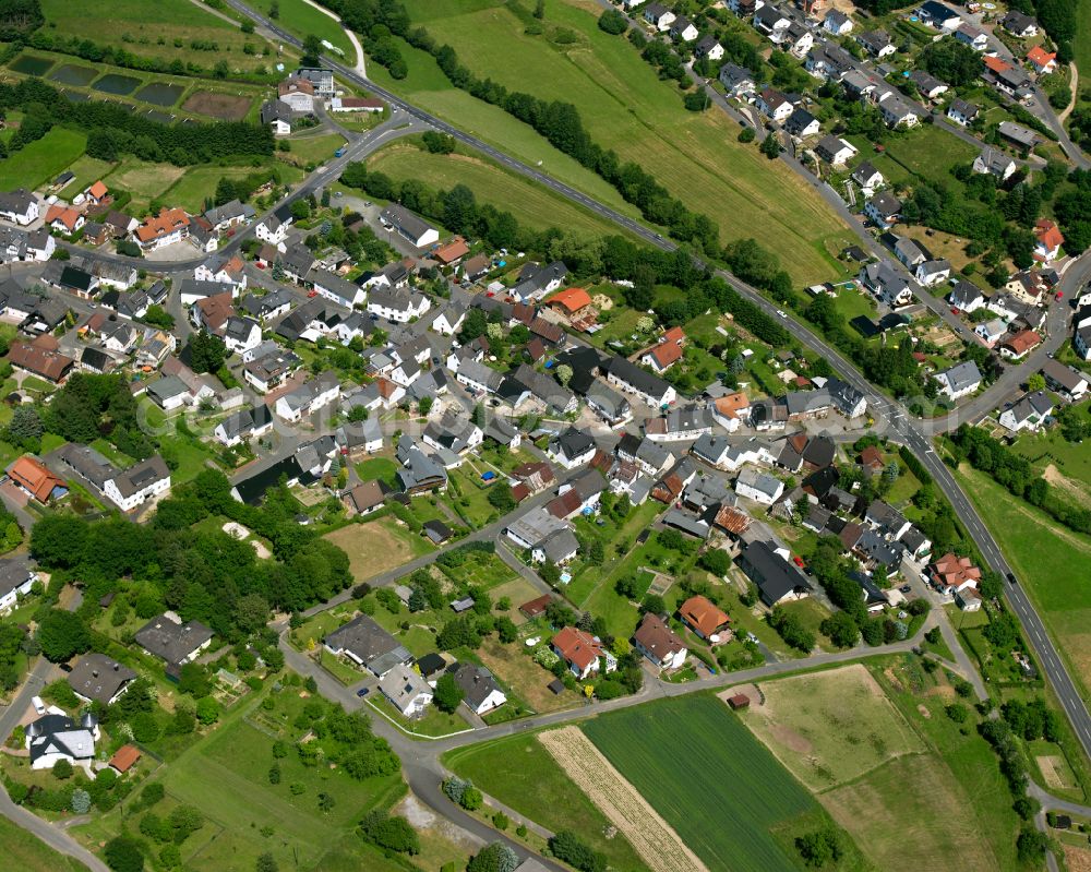 Rodenbach from the bird's eye view: Agricultural land and field boundaries surround the settlement area of the village in Rodenbach in the state Hesse, Germany