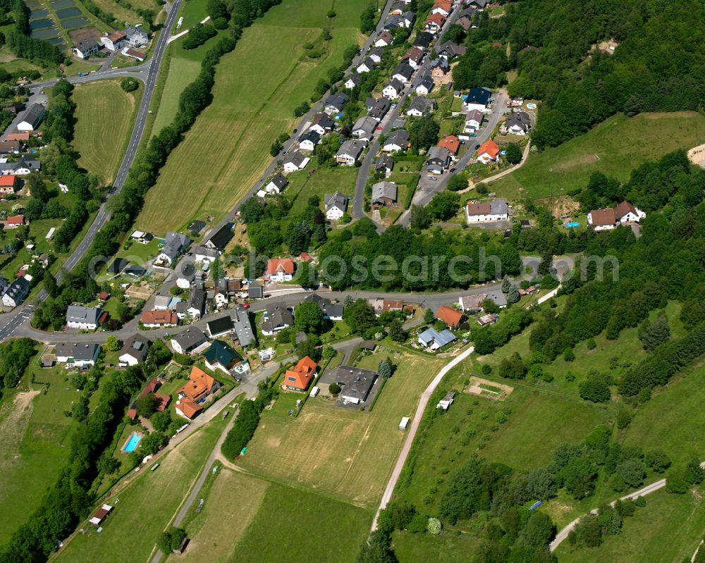 Aerial image Rodenbach - Agricultural land and field boundaries surround the settlement area of the village in Rodenbach in the state Hesse, Germany
