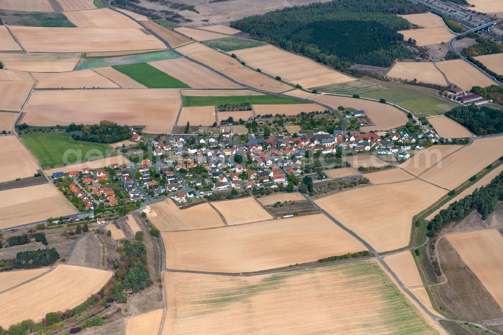 Aerial photograph Rohrbach - Agricultural land and field boundaries surround the settlement area of the village in Rohrbach in the state Bavaria, Germany