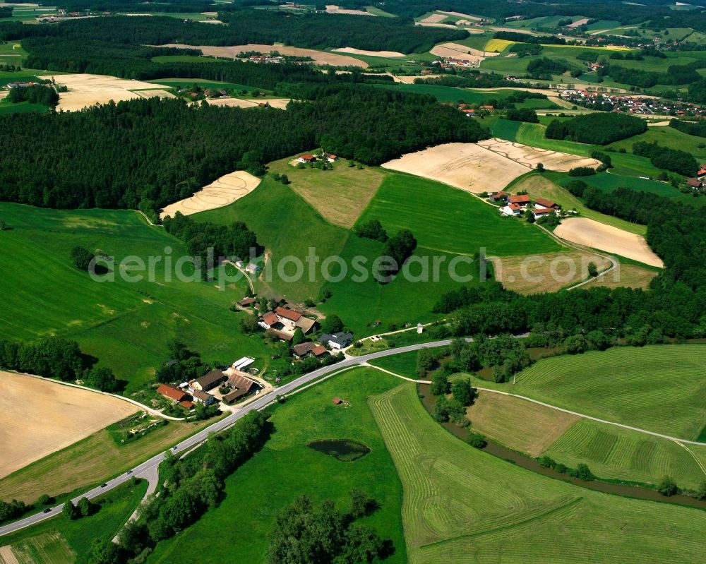 Aerial image Rott - Agricultural land and field boundaries surround the settlement area of the village in Rott in the state Bavaria, Germany