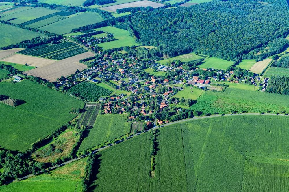 Ruschwedel from above - Agricultural land and field boundaries surround the settlement area of the village in Ruschwedel in the state Lower Saxony, Germany
