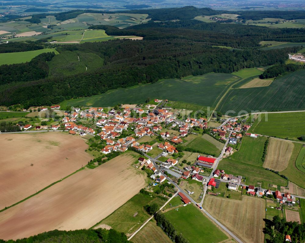 Aerial image Rustenfelde - Agricultural land and field boundaries surround the settlement area of the village in Rustenfelde in the state Thuringia, Germany