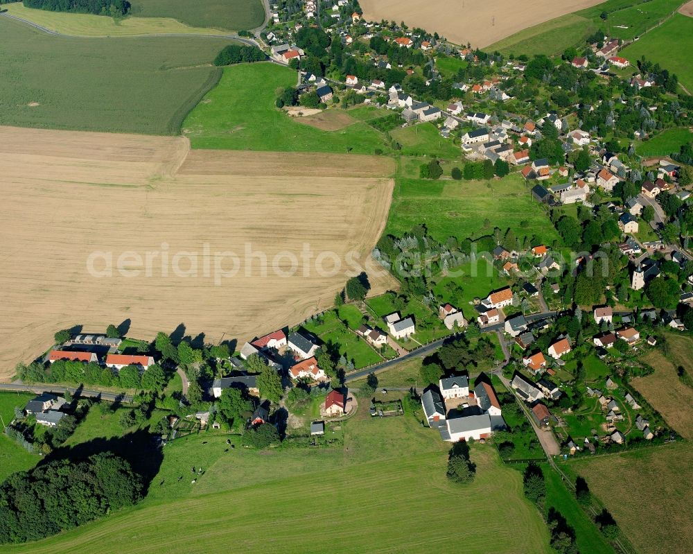 Aerial image Sachsenburg - Agricultural land and field boundaries surround the settlement area of the village in Sachsenburg in the state Saxony, Germany