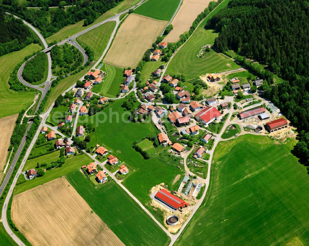 Aerial photograph Saßbach - Agricultural land and field boundaries surround the settlement area of the village in Saßbach in the state Bavaria, Germany