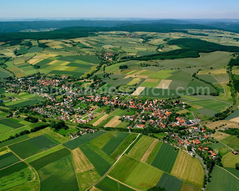 Aerial photograph Scheden - Agricultural land and field boundaries surround the settlement area of the village in Scheden in the state Lower Saxony, Germany