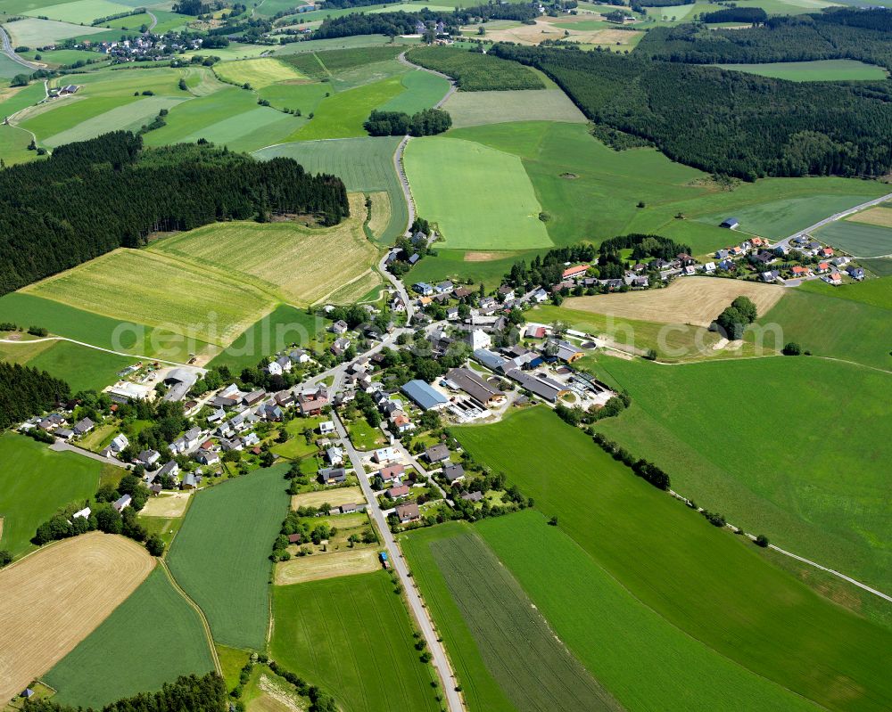Aerial image Schlegel - Agricultural land and field boundaries surround the settlement area of the village in Schlegel in the state Bavaria, Germany