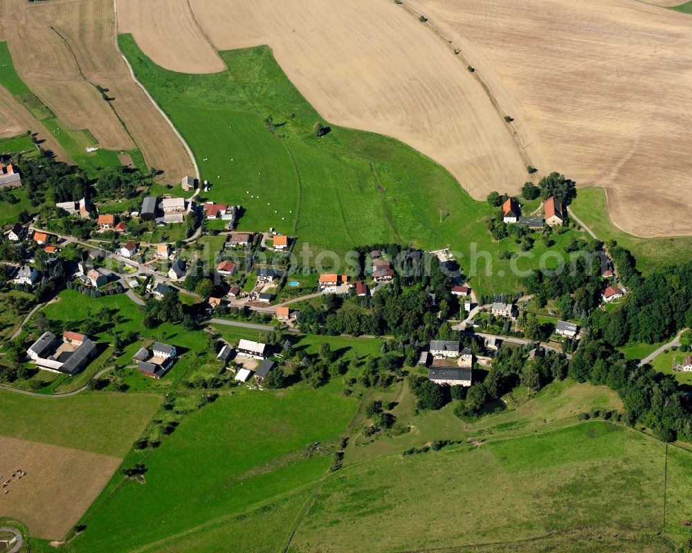 Schlegel from the bird's eye view: Agricultural land and field boundaries surround the settlement area of the village in Schlegel in the state Saxony, Germany