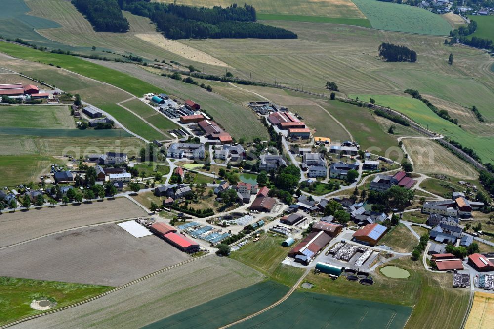 Schönberg from the bird's eye view: Agricultural land and field boundaries surround the settlement area of the village in Schoenberg in the state Saxony, Germany