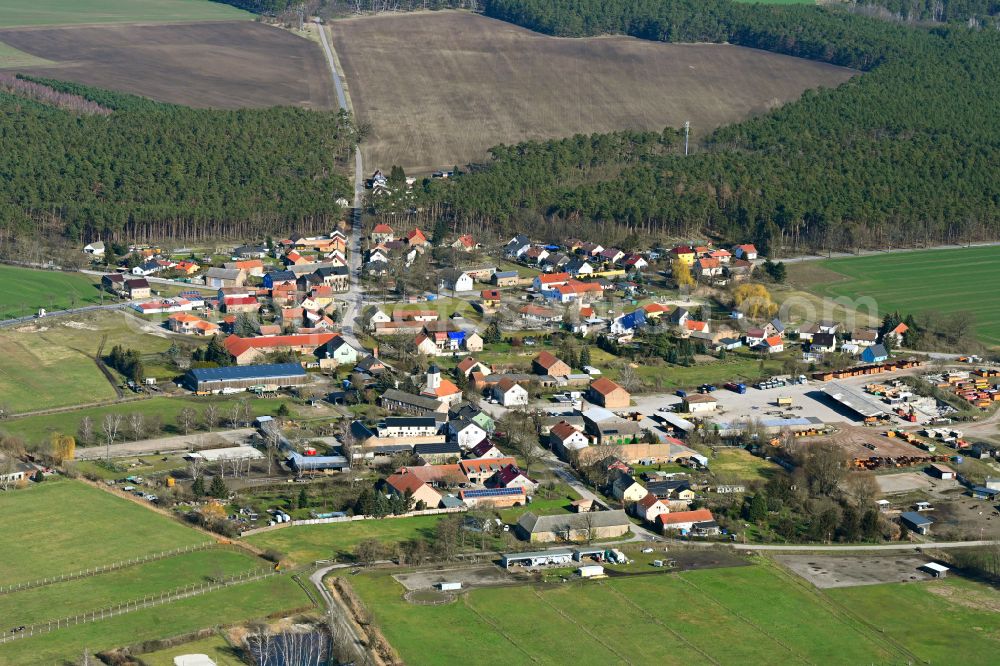 Schünow from the bird's eye view: Agricultural land and field boundaries surround the settlement area of the village on street Zur Dorfstrasse in Schuenow in the state Brandenburg, Germany