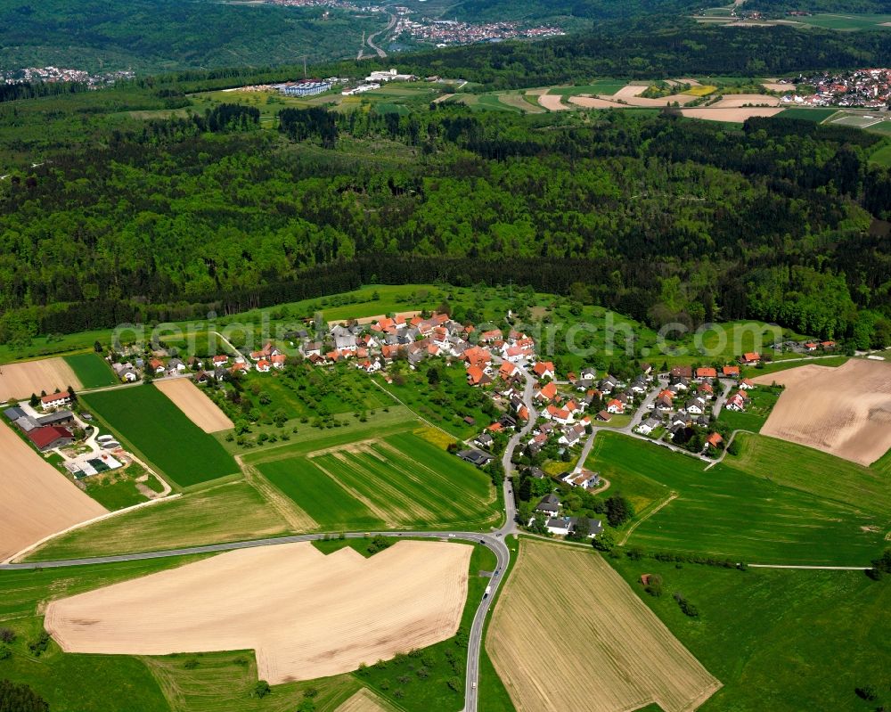 Aerial image Schorndorf - Agricultural land and field boundaries surround the settlement area of the village in Schorndorf in the state Baden-Wuerttemberg, Germany