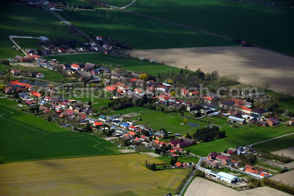 Seehausen from above - Agricultural land and field boundaries surround the settlement area of the village in Seehausen in the state Brandenburg, Germany