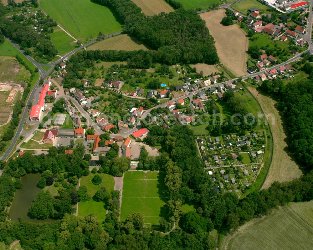 Seerhausen from above - Agricultural land and field boundaries surround the settlement area of the village in Seerhausen in the state Saxony, Germany