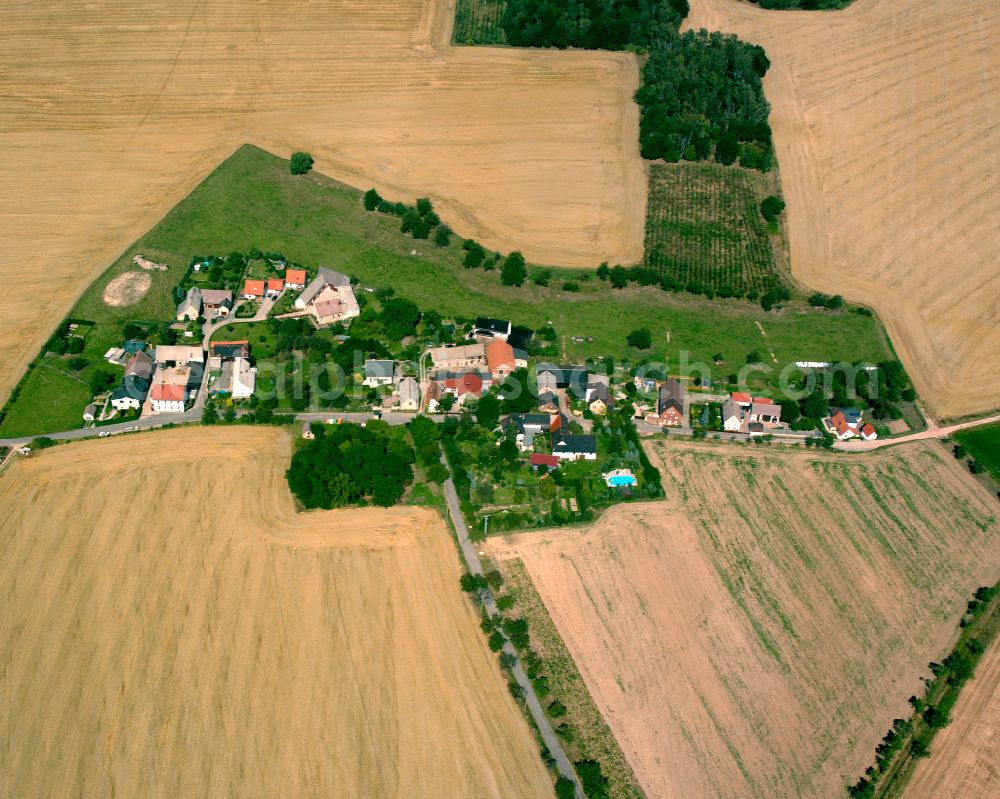 Seligenstädt from the bird's eye view: Agricultural land and field boundaries surround the settlement area of the village in Seligenstädt in the state Thuringia, Germany