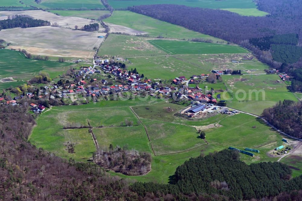 Senftenhütte from the bird's eye view: Agricultural land and field boundaries surround the settlement area of the village in Senftenhuette at Schorfheide in the state Brandenburg, Germany