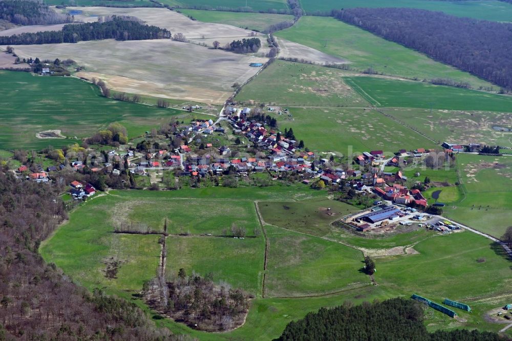 Aerial image Senftenhütte - Agricultural land and field boundaries surround the settlement area of the village in Senftenhuette at Schorfheide in the state Brandenburg, Germany