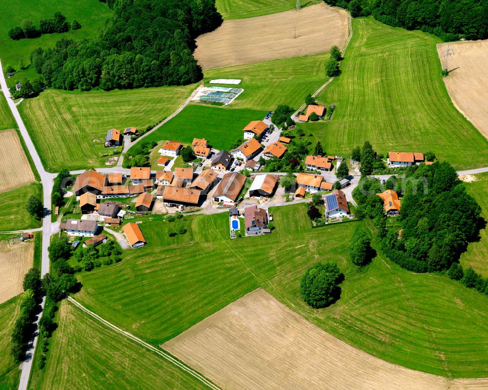 Aerial image Sickling - Agricultural land and field boundaries surround the settlement area of the village in Sickling in the state Bavaria, Germany