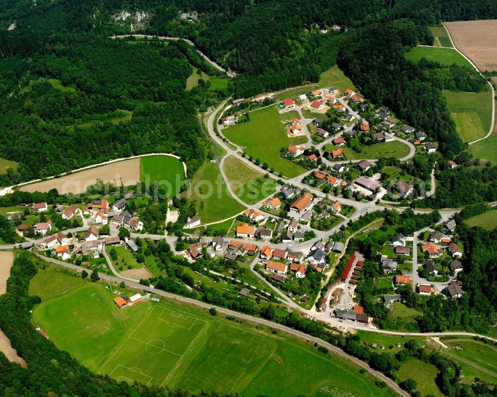 Aerial photograph Sigmaringen - Agricultural land and field boundaries surround the settlement area of the village in Sigmaringen in the state Baden-Wuerttemberg, Germany