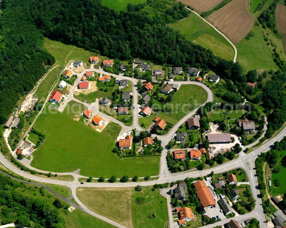 Sigmaringen from above - Agricultural land and field boundaries surround the settlement area of the village in Sigmaringen in the state Baden-Wuerttemberg, Germany
