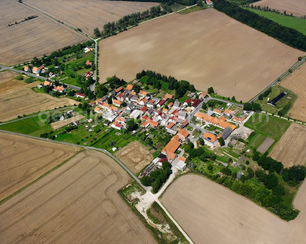 Aerial photograph Sollstedt - Agricultural land and field boundaries surround the settlement area of the village in Sollstedt in the state Thuringia, Germany
