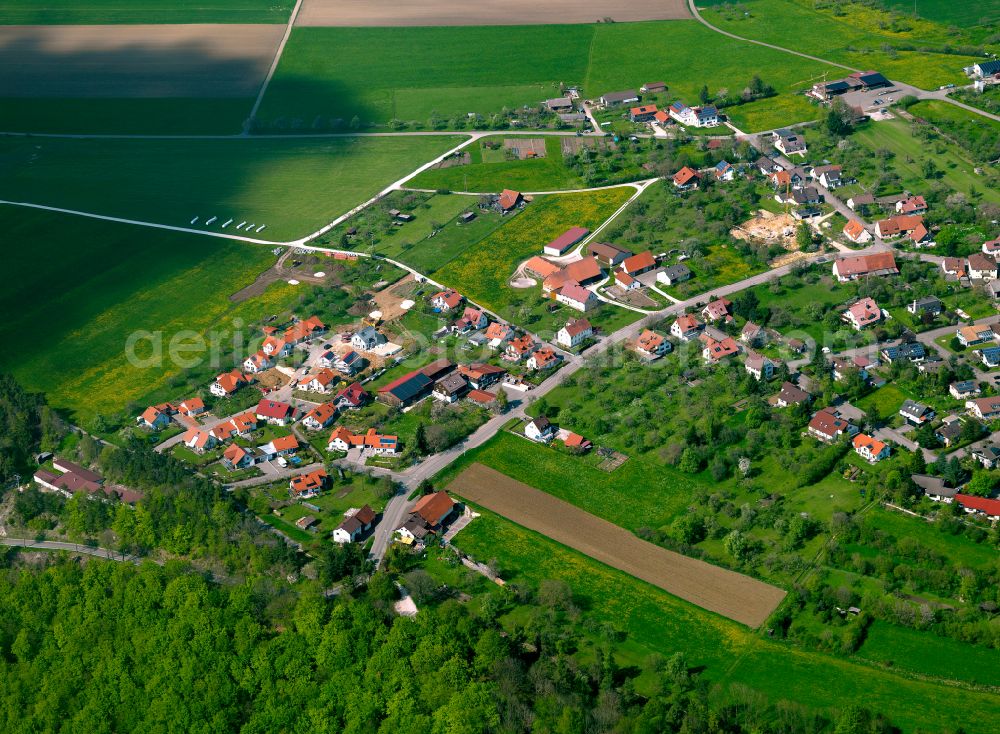 Aerial image Sonderbuch - Agricultural land and field boundaries surround the settlement area of the village in Sonderbuch in the state Baden-Wuerttemberg, Germany