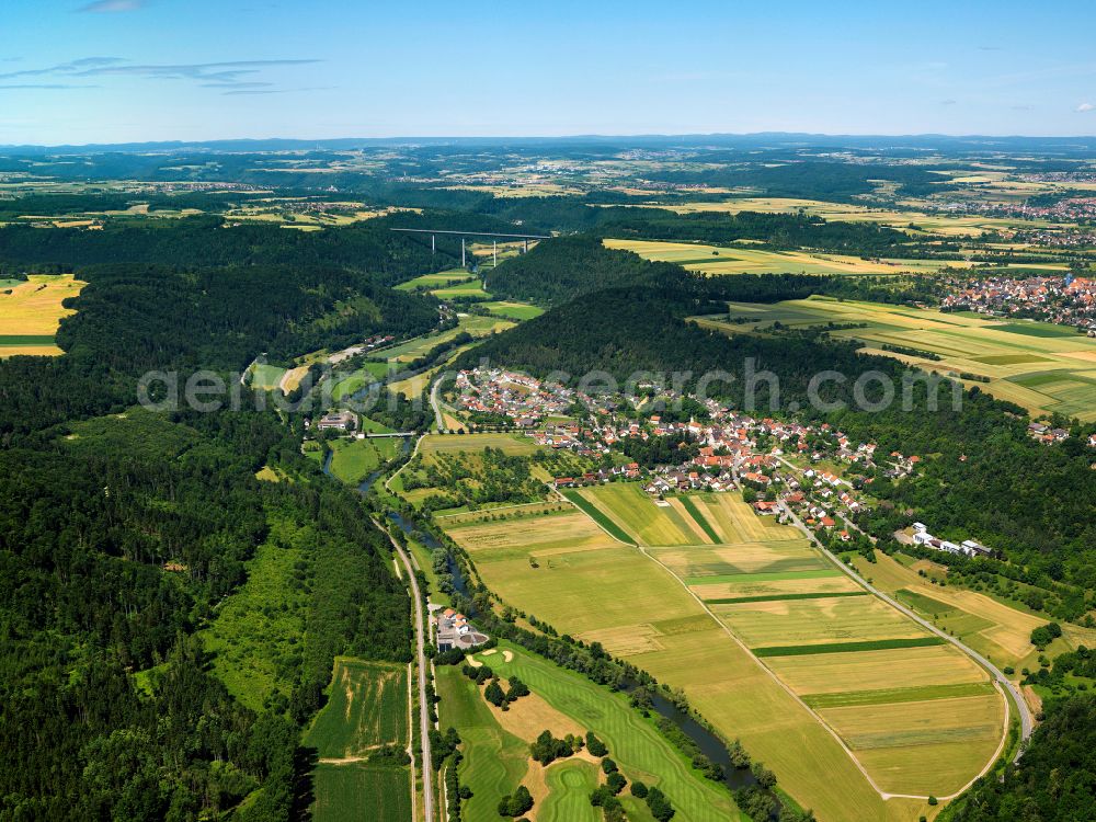 Aerial image Starzach - Agricultural land and field boundaries surround the settlement area of the village in Starzach in the state Baden-Wuerttemberg, Germany