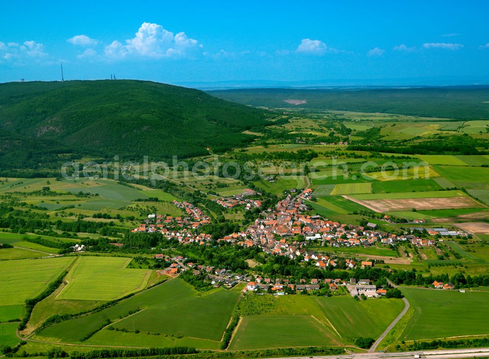 Steinbach am Donnersberg from above - Agricultural land and field boundaries surround the settlement area of the village in Steinbach am Donnersberg in the state Rhineland-Palatinate, Germany