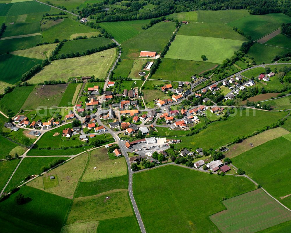 Steinfurt from the bird's eye view: Agricultural land and field boundaries surround the settlement area of the village in Steinfurt in the state Hesse, Germany