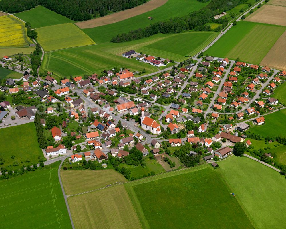 Steinhausen an der Rottum from above - Agricultural land and field boundaries surround the settlement area of the village in Steinhausen an der Rottum in the state Baden-Wuerttemberg, Germany