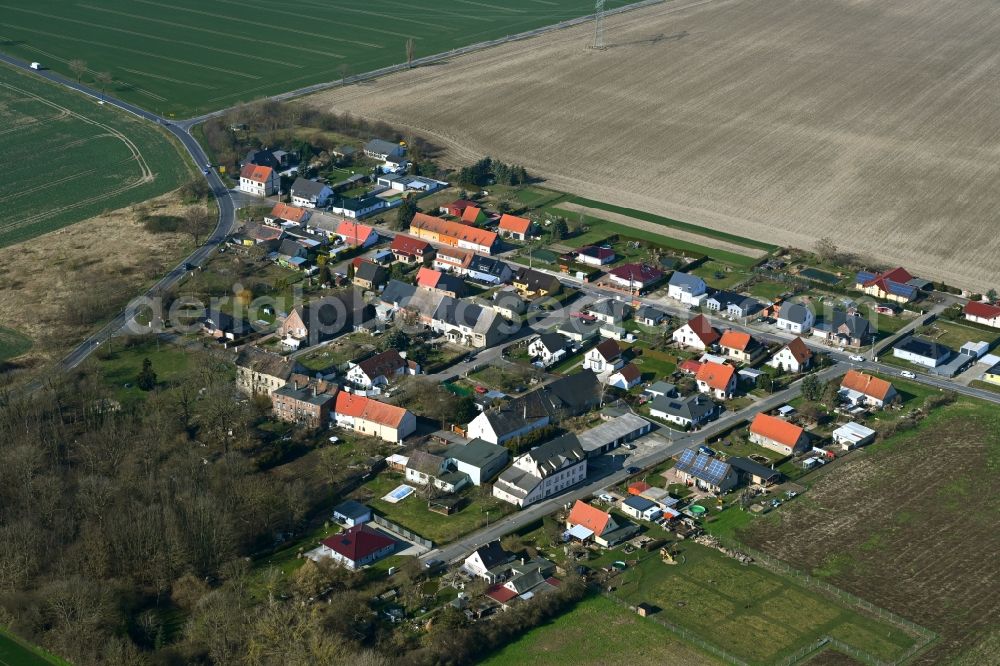 Aerial photograph Storkwitz - Agricultural land and field boundaries surround the settlement area of the village in Storkwitz in the state Saxony, Germany