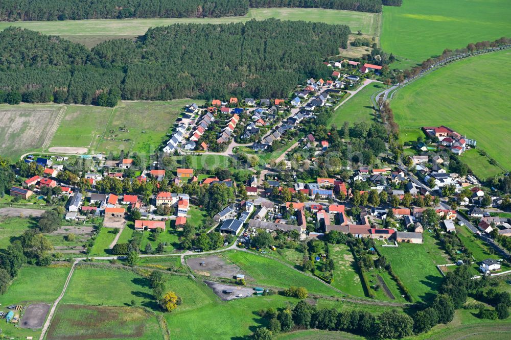 Telz from above - Agricultural land and field boundaries surround the settlement area of the village in Telz in the state Brandenburg, Germany