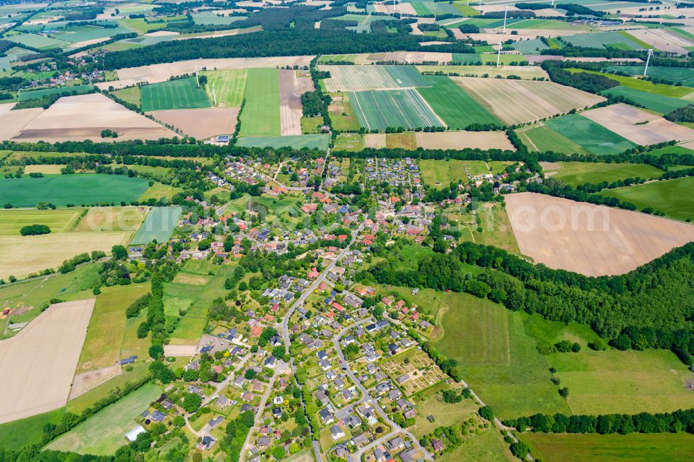 Toppenstedt from the bird's eye view: Agricultural land and field boundaries surround the settlement area of the village in Toppenstedt in the state Lower Saxony, Germany