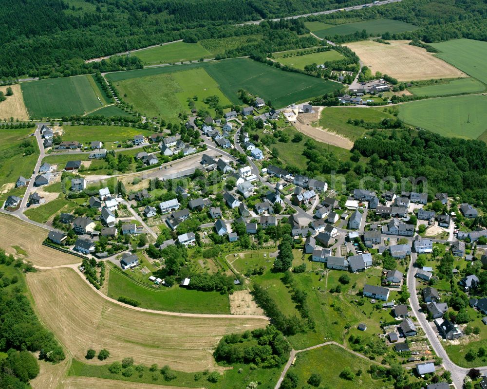 Udenhausen from above - Agricultural land and field boundaries surround the settlement area of the village in Udenhausen in the state Rhineland-Palatinate, Germany