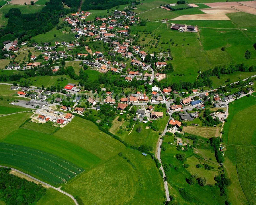 Unteralpfen from the bird's eye view: Agricultural land and field boundaries surround the settlement area of the village in Unteralpfen in the state Baden-Wuerttemberg, Germany