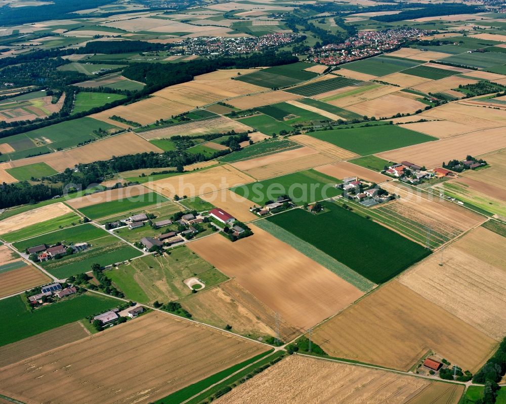 Untergriesheim from above - Agricultural land and field boundaries surround the settlement area of the village in Untergriesheim in the state Baden-Wuerttemberg, Germany