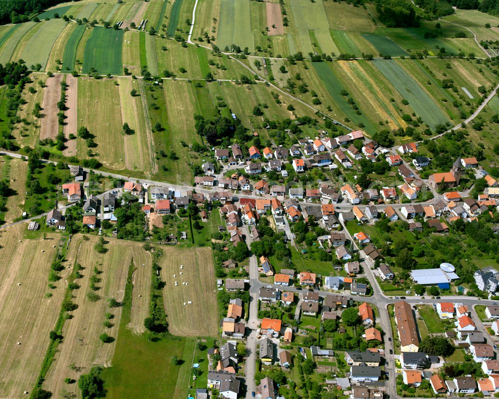 Aerial image Völkersbach - Agricultural land and field boundaries surround the settlement area of the village in Völkersbach in the state Baden-Wuerttemberg, Germany
