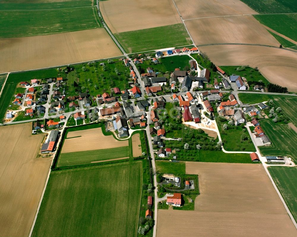 Aerial image Waldhausen - Agricultural land and field boundaries surround the settlement area of the village in Waldhausen in the state Baden-Wuerttemberg, Germany
