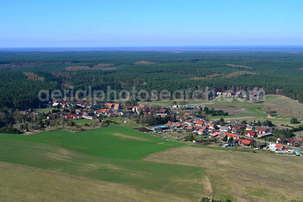 Wallitz from the bird's eye view: Agricultural land and field boundaries surround the settlement area of the village in Wallitz in the state Brandenburg, Germany
