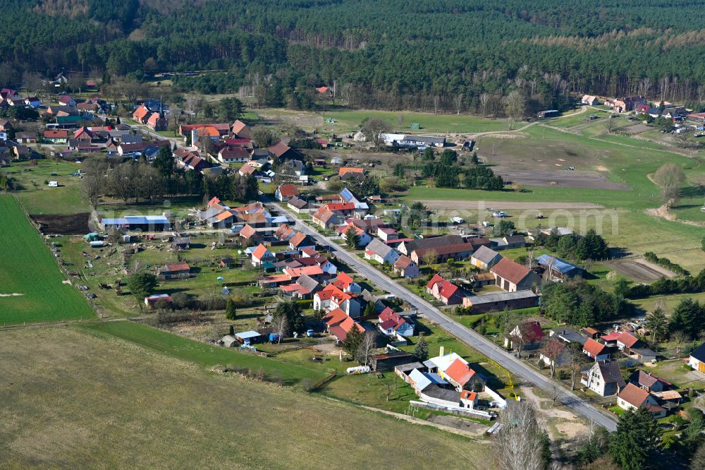 Aerial photograph Wallitz - Agricultural land and field boundaries surround the settlement area of the village in Wallitz in the state Brandenburg, Germany