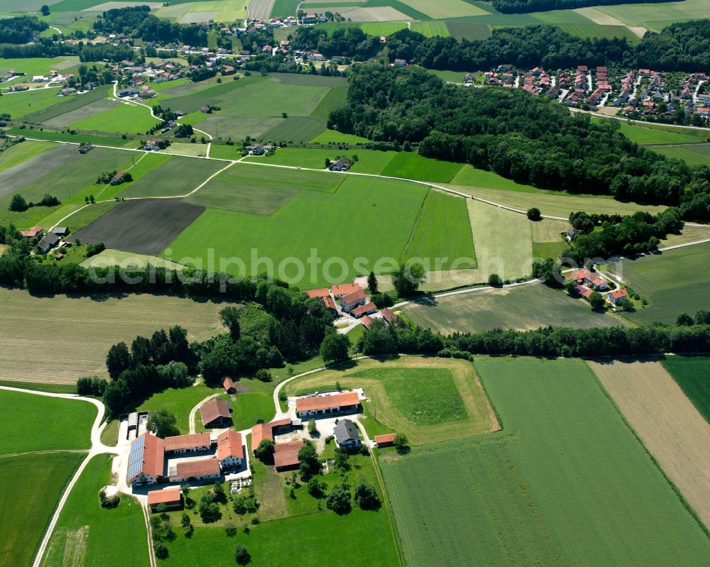 Aerial photograph Waltenberg - Agricultural land and field boundaries surround the settlement area of the village in Waltenberg in the state Bavaria, Germany