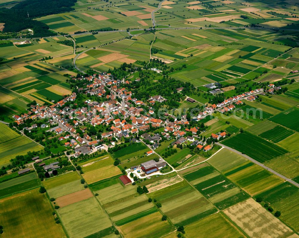Wankheim from above - Agricultural land and field boundaries surround the settlement area of the village in Wankheim in the state Baden-Wuerttemberg, Germany