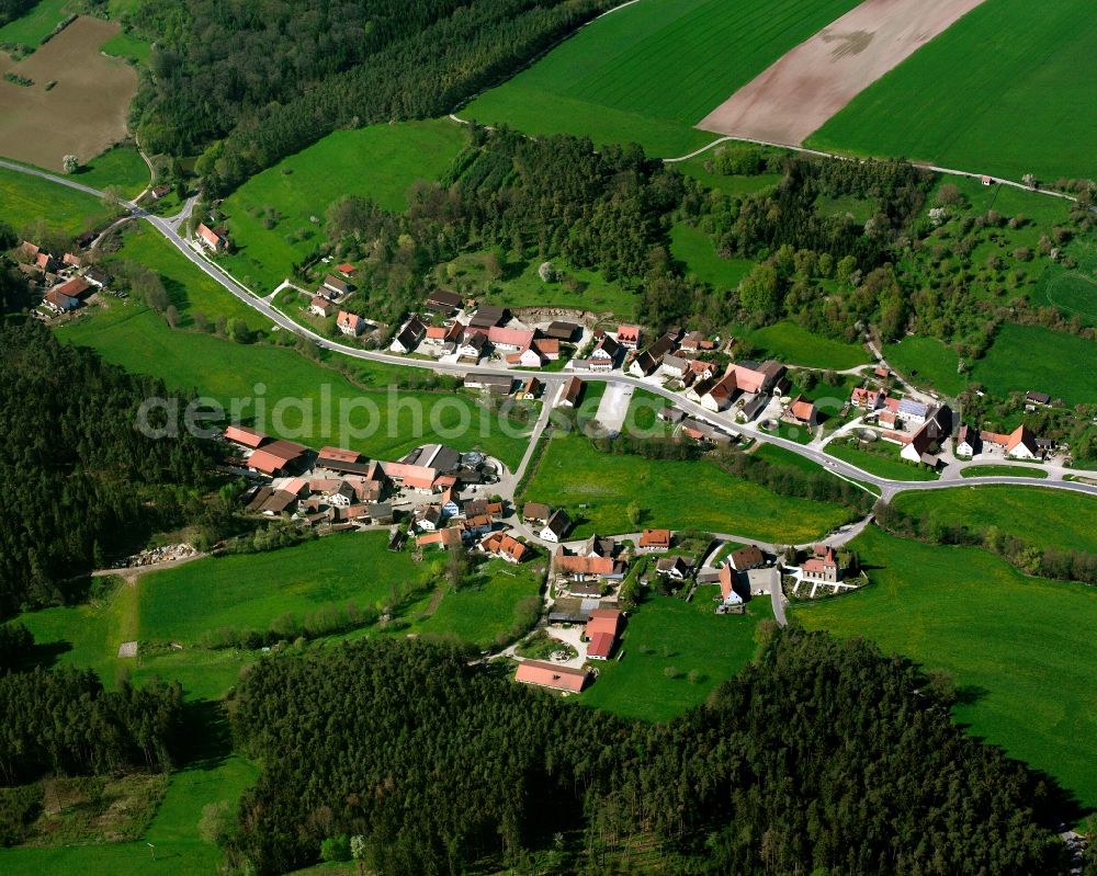 Warzfelden from above - Agricultural land and field boundaries surround the settlement area of the village in Warzfelden in the state Bavaria, Germany