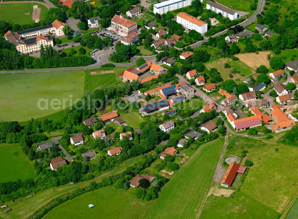 Weierhof from the bird's eye view: Agricultural land and field boundaries surround the settlement area of the village in Weierhof in the state Rhineland-Palatinate, Germany