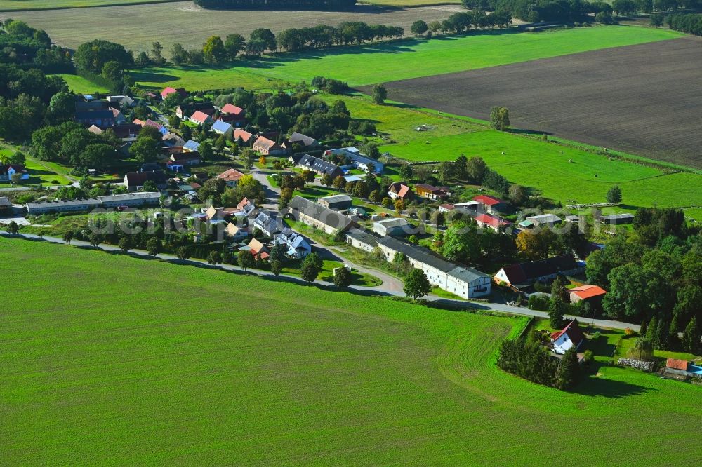 Weitgendorf from above - Agricultural land and field boundaries surround the settlement area of the village in Weitgendorf in the state Brandenburg, Germany