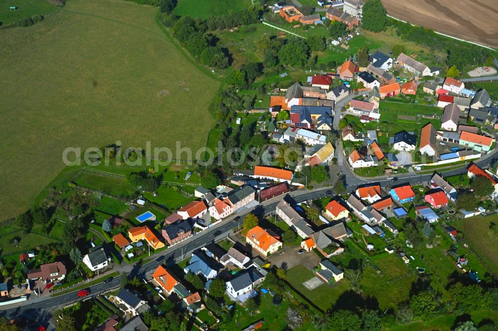 Wellaune from the bird's eye view: Agricultural land and field boundaries surround the settlement area of the village in Wellaune in the state Saxony, Germany