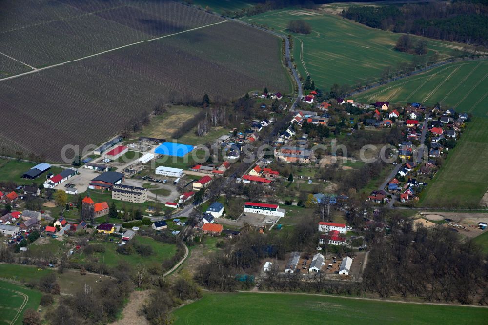 Wesendahl from above - Agricultural land and field boundaries surround the settlement area of the village on street Dorfstrasse in Wesendahl in the state Brandenburg, Germany