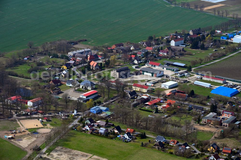 Aerial image Wesendahl - Agricultural land and field boundaries surround the settlement area of the village on street Dorfstrasse in Wesendahl in the state Brandenburg, Germany