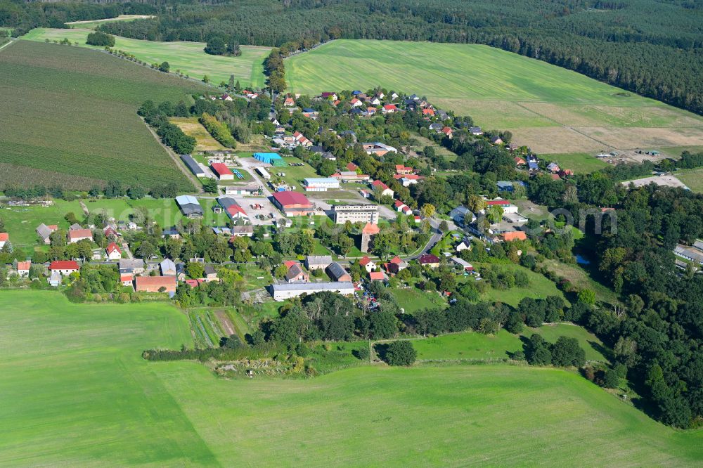Aerial image Wesendahl - Agricultural land and field boundaries surround the settlement area of the village on street Dorfstrasse in Wesendahl in the state Brandenburg, Germany