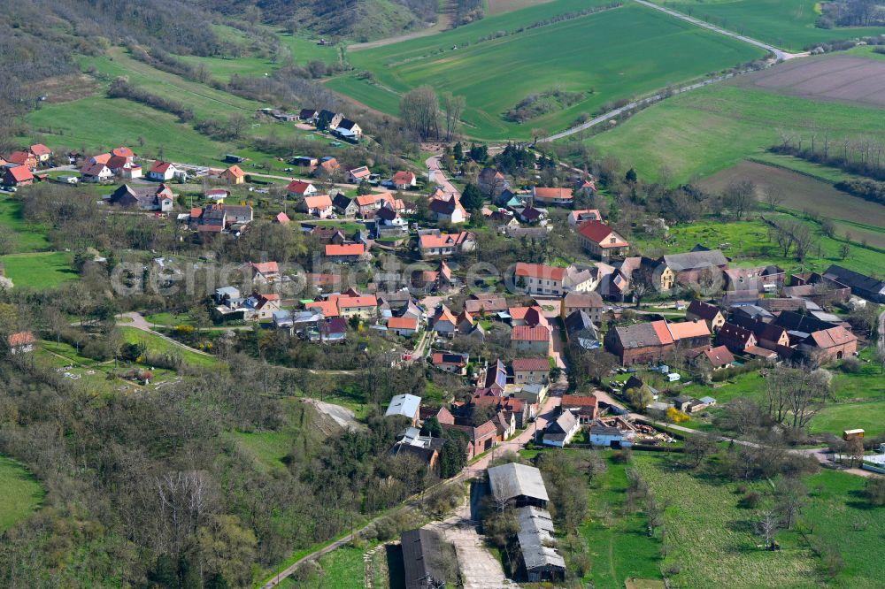 Aerial photograph Wettin - Agricultural land and field boundaries surround the settlement area of the village in Wettin in the state Saxony-Anhalt, Germany