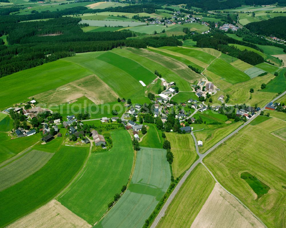 Windischengrün from above - Agricultural land and field boundaries surround the settlement area of the village in Windischengrün in the state Bavaria, Germany
